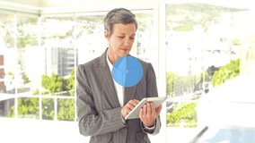 Animation of network of data icons over happy caucasian casual businesswoman using tabket outdoors. Connection, business, data, security and communication, digitally generated video. - Powered by Shutterstock - Get 15% off with code: PIKWIZARD15