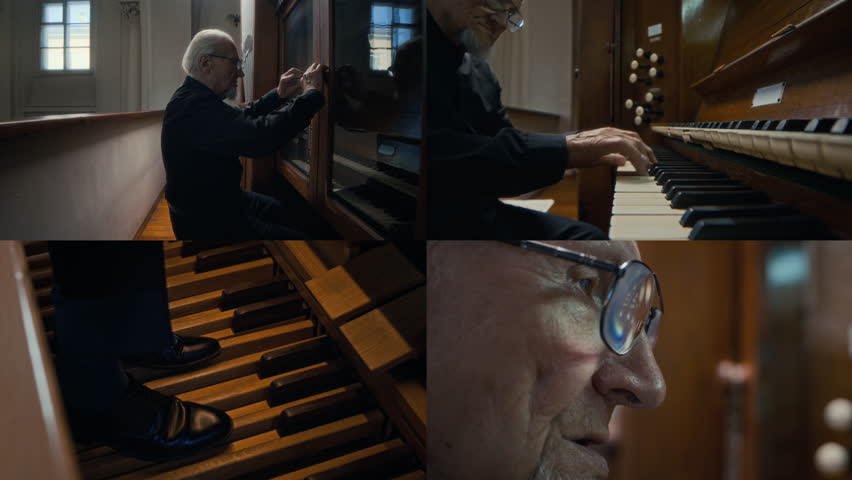 Split screen of senior musician with glasses opening doors of organ case and playing manual and pedal keyboard while rehearsing for concert in church