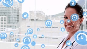 Animation of network of connections with icons over caucasian female doctor using tablet. Global connections, medicine, communication and digital interface concept digitally generated video. - Powered by Shutterstock - Get 15% off with code: PIKWIZARD15
