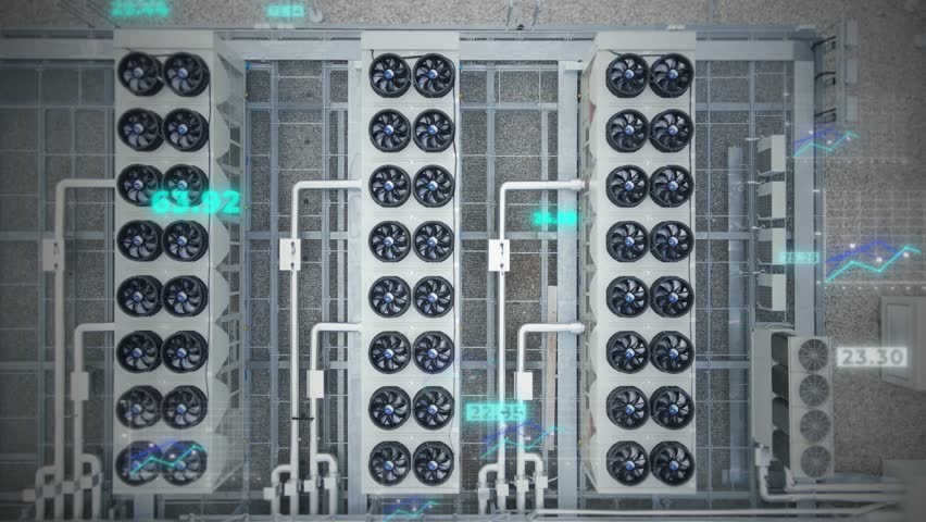 Top-down aerial view of a data center with ventilators, digital graphs, and numbers animation, showcasing advanced technology and cooling systems. 3D render - Powered by Shutterstock - Get 15% off with code: PIKWIZARD15