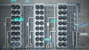 Top-down aerial view of a data center with ventilators, digital graphs, and numbers animation, showcasing advanced technology and cooling systems. 3D render - Powered by Shutterstock - Get 15% off with code: PIKWIZARD15