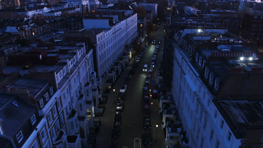 Kensington at night evening, Aerial View Shot of London UK, United Kingdom, the Royal Borough of Kensington and Chelsea W8, posh victorian homes, clear image