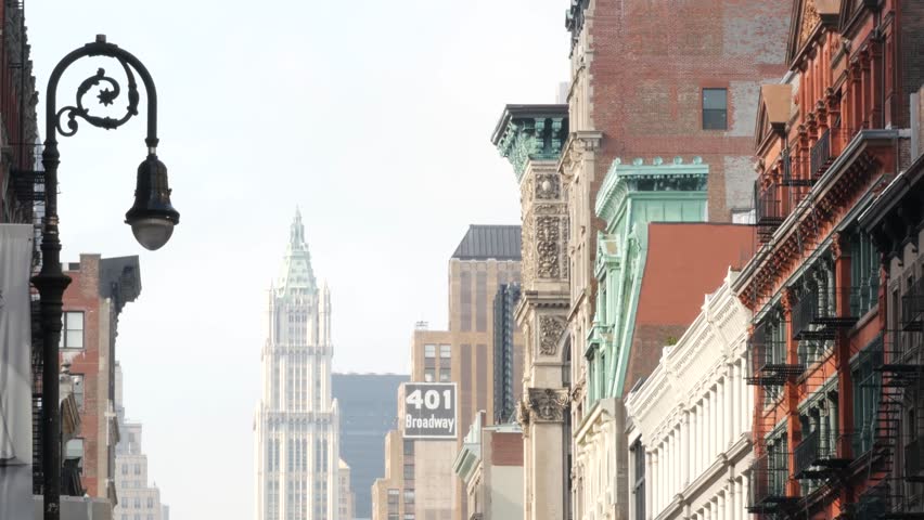 New York City Manhattan Soho fashion district, Broadway street. USA urban old american architecture. Shopping in NYC, United States. Business and residential real estate. Woolworth building. Lantern