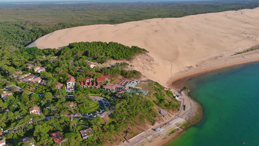 Landes de Gascogne, France: Aerial view of Le Pilat Plage (Pilat Beach) near Dune du Pilat, summer day with blue sky - landscape panorama of Europe from above