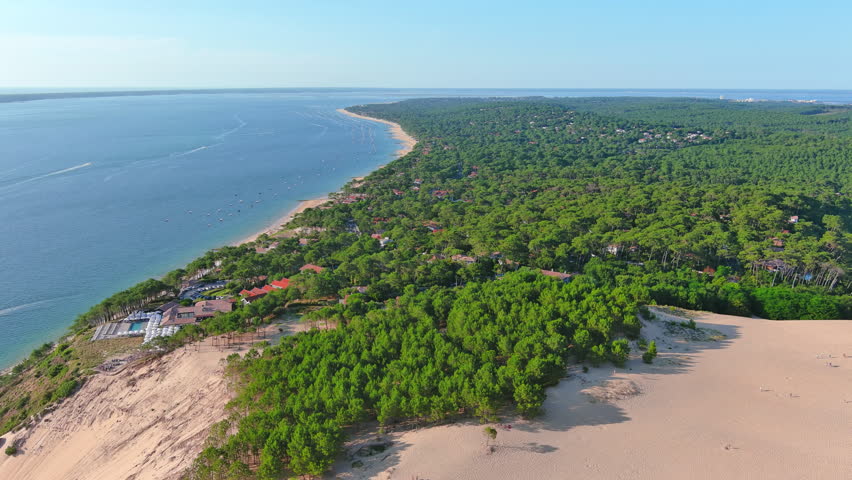 Landes de Gascogne, France: Aerial view of Le Pilat Plage (Pilat Beach) near Dune du Pilat, summer day with blue sky - landscape panorama of Europe from above