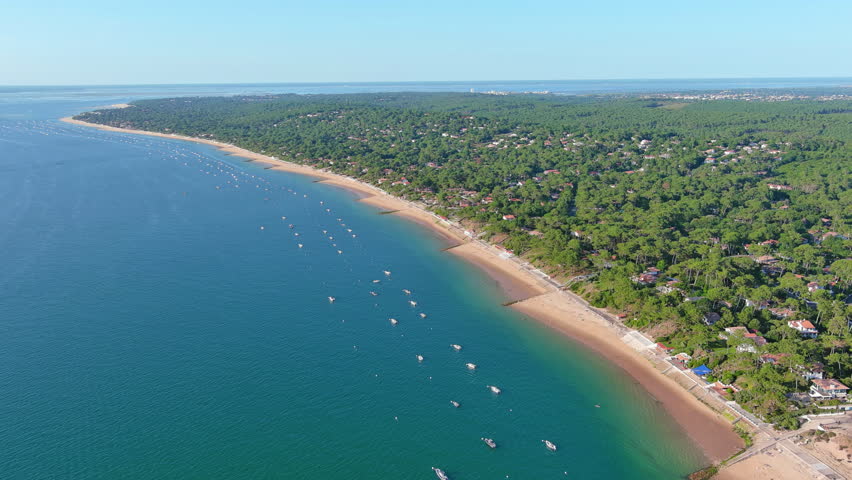 Landes de Gascogne, France: Aerial view of Le Pilat Plage (Pilat Beach) near Dune du Pilat, summer day with blue sky - landscape panorama of Europe from above