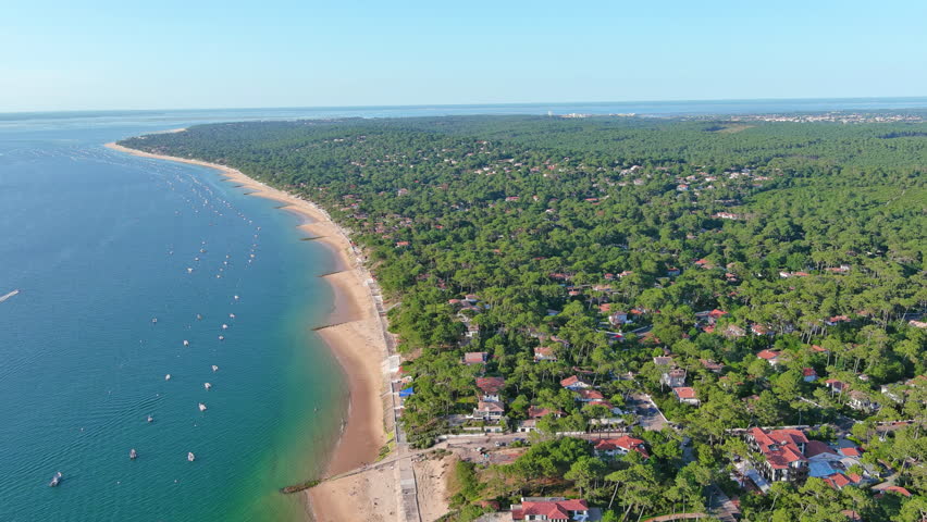 Landes de Gascogne, France: Aerial view of Le Pilat Plage (Pilat Beach) near Dune du Pilat, summer day with blue sky - landscape panorama of Europe from above