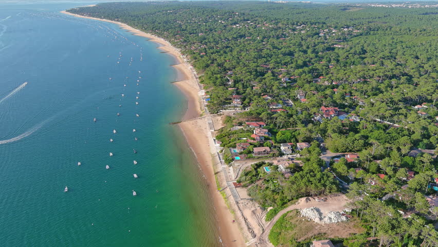 Landes de Gascogne, France: Aerial view of Le Pilat Plage (Pilat Beach) near Dune du Pilat, summer day with blue sky - landscape panorama of Europe from above