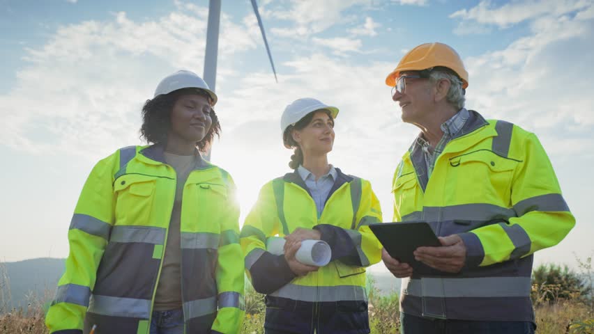 View from below of multi-ethnic group of engineers consulting together. Looking at camera and smiling with joy. Working wind turbine visible in blurred background. Beautiful sunset on horizon.