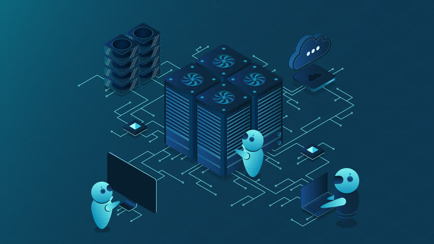 Data center and web hosting isometric concept animation. Cloud computing storage. Isometric server room rack. 4K video animated in isometric style