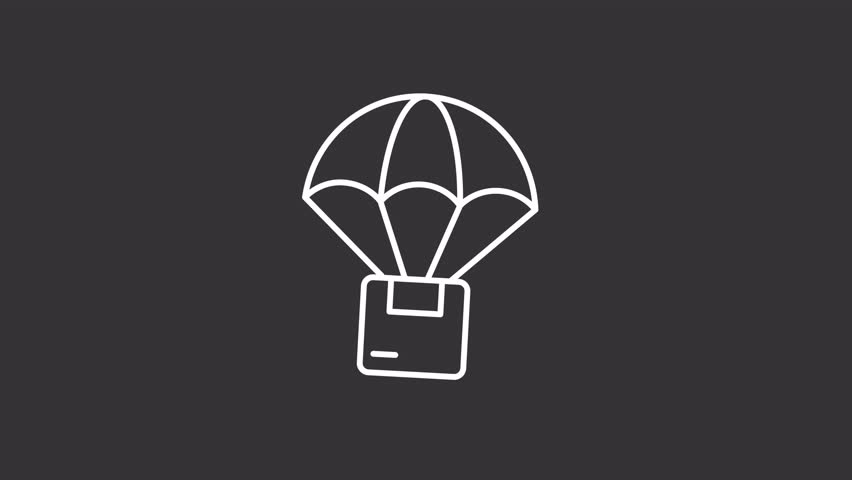 Air delivery white line animation. Parachute supply drop animated icon. Flying box, floating. Cargo transportation. Isolated illustration on dark background. Transition alpha video. Motion graphic