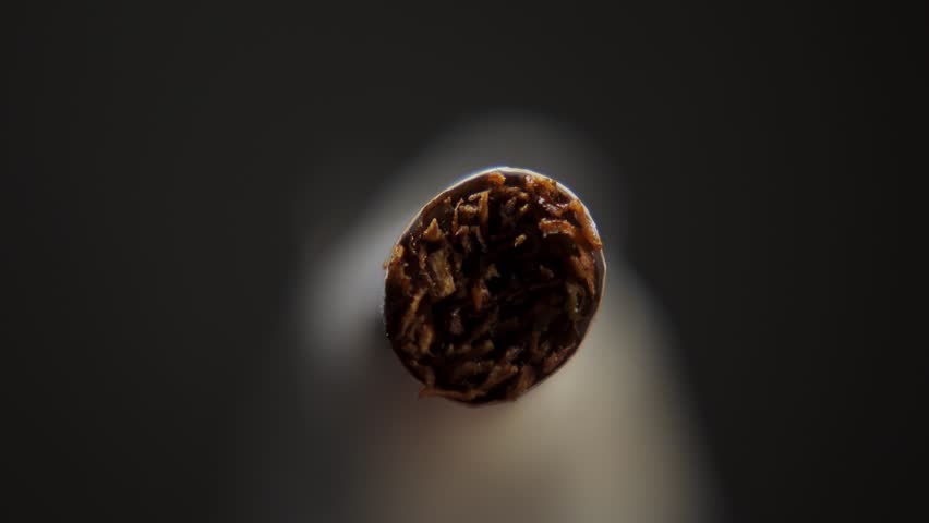 Macro video of a burning cigarette. Ignition and smoke from a lit cigarette. Smoking is harmful to health
