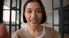 POV webcam point of view female girl addict influencer Caucasian smiling woman happy surprised read message online chatting using mobile phone touchscreen typing sms cellphone gadget screen at home - Powered by Shutterstock - Get 15% off with code: PIKWIZARD15