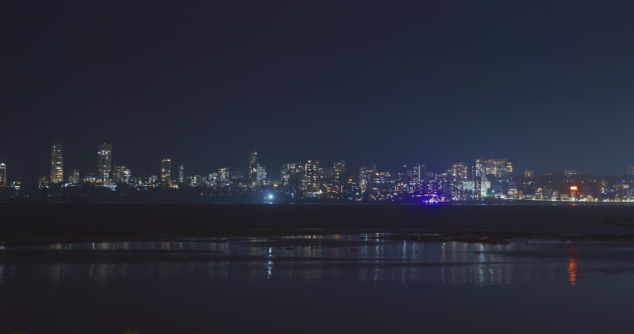 Mumbai, India. Evening City Skyline From Marine Drive Time Lapse, Timelapse, Time-lapse. Skyscrapers In Night Illuminations. Back Bay Coast Of Mumbai City. Mumbai Night Skyline. Night City Life.