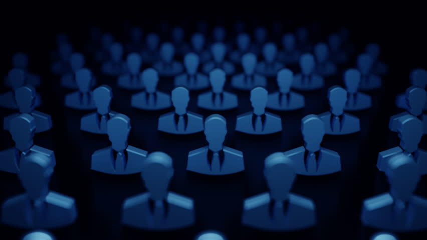 A glowing human figure stands out among identical silhouettes, symbolizing leadership, individuality, or human resource selection.