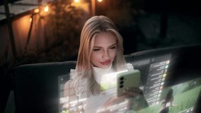Incredibly Beautiful Blonde Woman using an Augmented Reality Phone to Communicate, Browse Web Pages, Apps, and Social Networks. Wireless Communication Concept. Global Digital Network - Powered by Shutterstock - Get 15% off with code: PIKWIZARD15