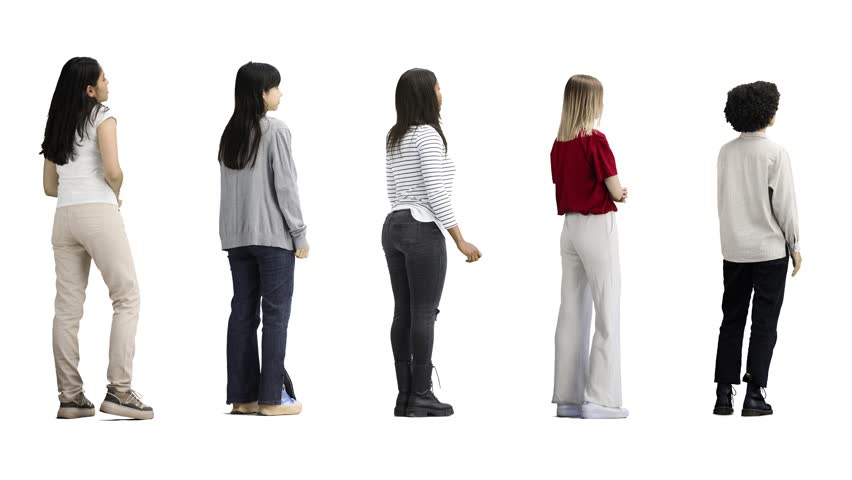 A group of people on a white background in full-length view from the back are waiting