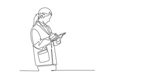 Self drawing animation of single line draw of female doctor standing and holding clipboard to checking medical record patient condition at hospital. Health care. Continuous line. Full length animated - Powered by Shutterstock - Get 15% off with code: PIKWIZARD15