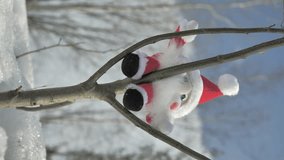 Closeup shot of an elf sitting on a branch on a sunny day during christmas time. Awesome nordic fantasy during wintertime. Camera slightly zooming in and tilting upwards. Vertical Format Video. 9:16  - Powered by Shutterstock - Get 15% off with code: PIKWIZARD15