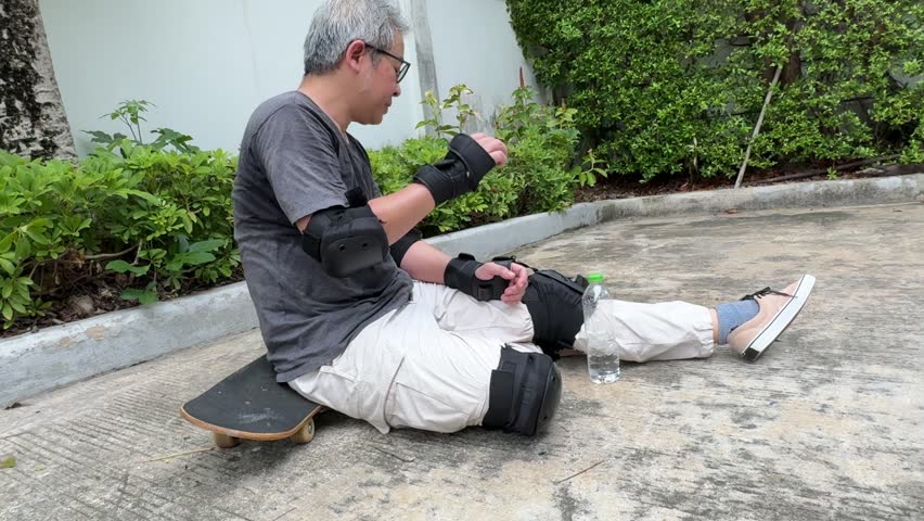 The senior Asian man is trying to ride a skateboard in the village during the daytime