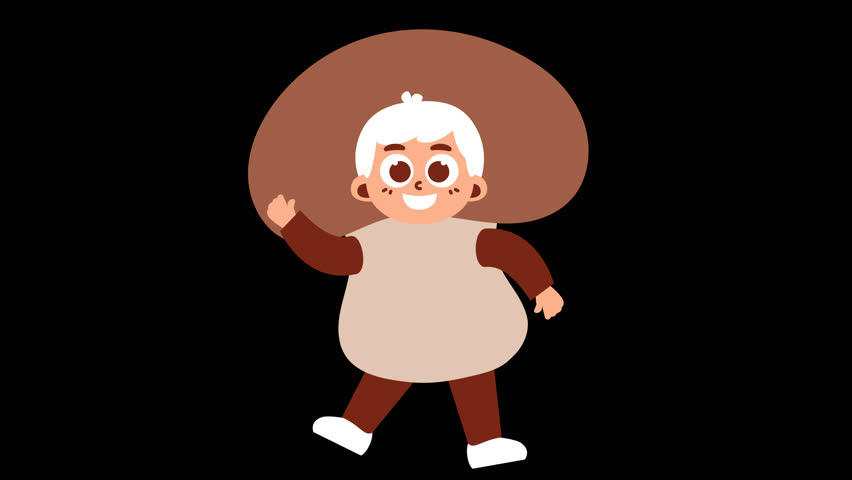 A cartoon illustration of a little boy wearing a mushroom costume, smiling and waving. He