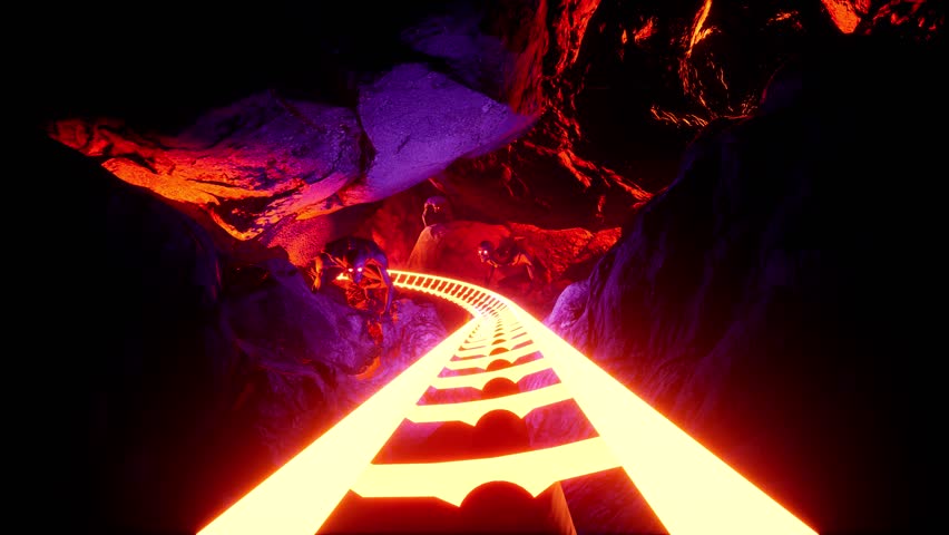 Riding a roller coaster in an atmosphere of hell and neon light. First person view. 3D animation.