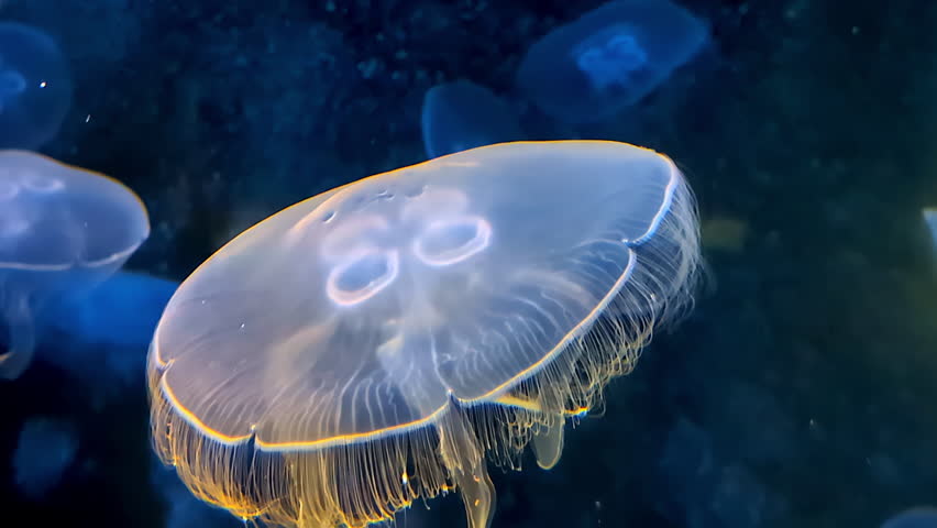 Aurelia aurita, also called the common jellyfish, moon jellyfish, moon jelly or saucer jelly is a species of ulmaridae glowing in dark saltwater