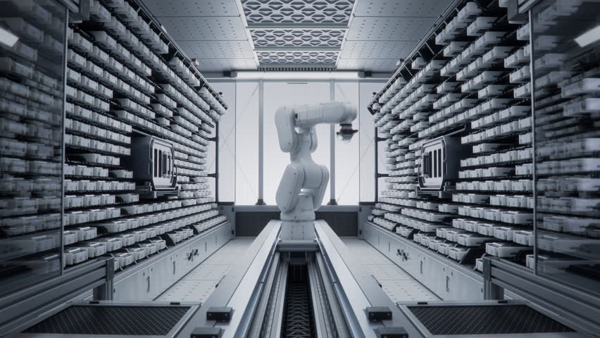 Time-Lapse of Moving High Precision Industrial Robot Arm Inside Automated Enterprise Data Management and Storage Solution. Futuristic Storage and Handling Room with Robotic Arm at High-Tech Factory