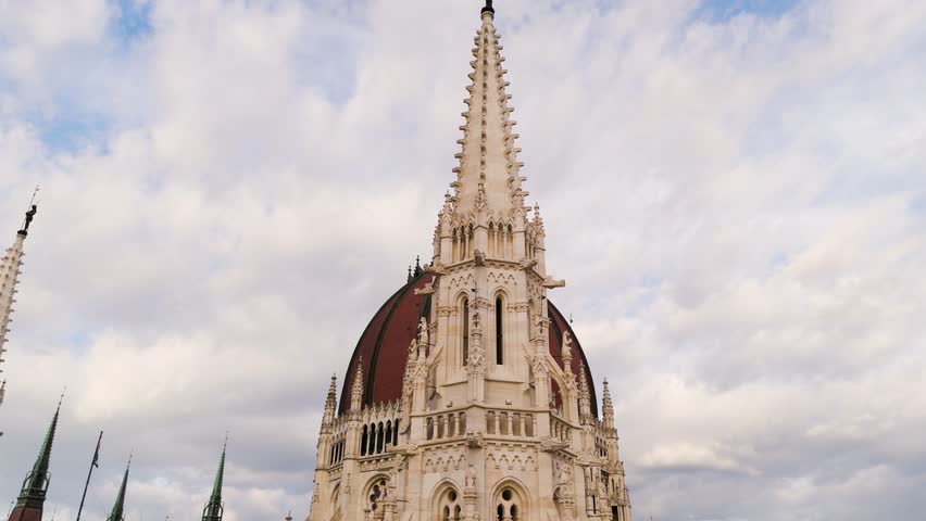 Architecture of Budapest. Aerial view of Budapest Parliament Building. Hungary Capital Cityscape at daytime. Travel, tourism and European Political Landmark Destination. 4K drone footage