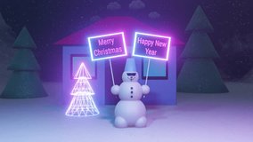 Fun Snowman with Posters of a Happy New Year and Merry Christmas Stands Near a Bright Neon Fir Tree and House in Cyberpunk Style Vertical Loopable 4K 3D Animation Stock Video - Powered by Shutterstock - Get 15% off with code: PIKWIZARD15