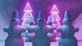 Snowman Party Next To Neon Christmas Trees for Christmas and Happy New Year Congratulations Horizontal Loopable 4K 3D Animation Stock Video - Powered by Shutterstock - Get 15% off with code: PIKWIZARD15