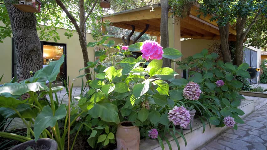 Slow establishing shot of a garden patio with furniture at a villa