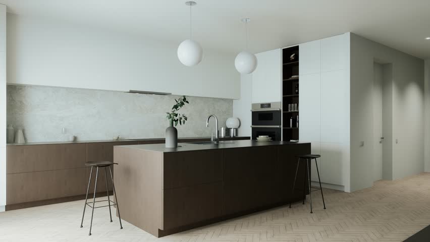 This modern kitchen showcases a stylish, central island, minimalist decor elements, and elegant, atmospheric lighting. 3D animation. 3D Illustration