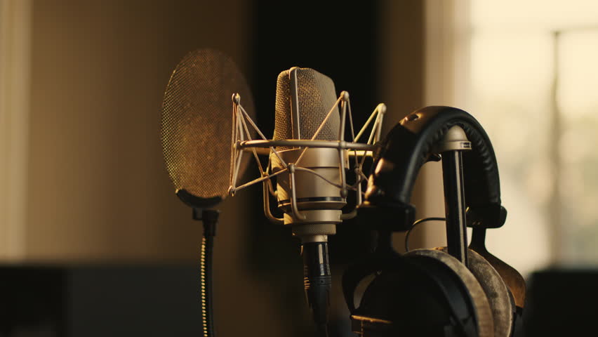 A golden microphone paired with a pop filter and headphones sits ready for recording in a sunlit studio space.