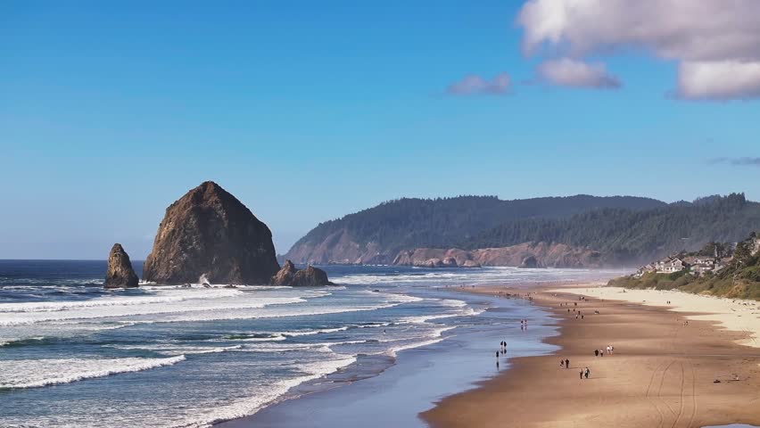 Cannon Beach And Haystack Rock In Oregon, USA At Daytime - Drone Shot