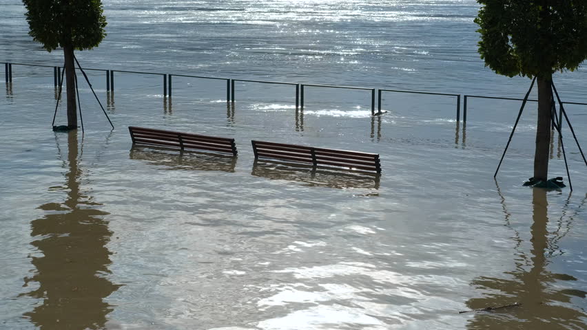 Consequences of the flood. Benches and trees are partially submerged by rising river water. The flooded promenade is a result of heavy rains and overflowing rivers