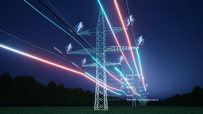 Industrial metal power tower with high voltage current flowing through wires over sky horizon, AR data. Infrastructure enabling distribution of electricity, 3d render animation timelapse