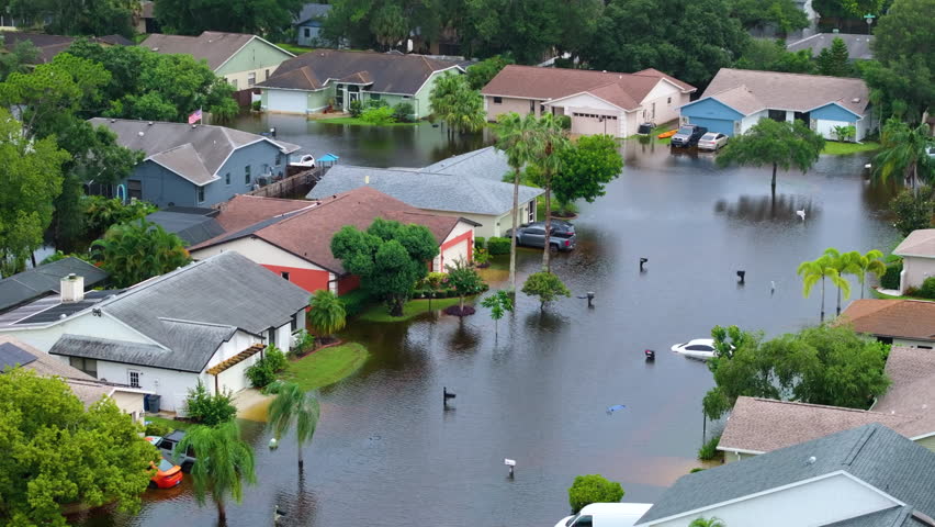 Flooded houses from hurricane rainfall water in Florida residential community. Aftermath of natural disaster in USA south.