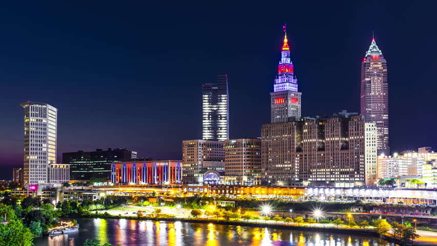 Night timelapse of Cleveland, Ohio skyline. Cleveland is a major city in the U.S. state of Ohio and the county seat of Cuyahoga County.