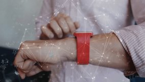 Animation of communication network and equations over caucasian woman using smartwatch. Connection, mathematics, processing, digital interface and communication, digitally generated video. - Powered by Shutterstock - Get 15% off with code: PIKWIZARD15