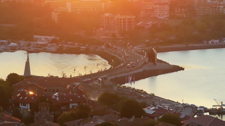 Aerial drone view of the old town Nessebar, Bulgaria at sunset