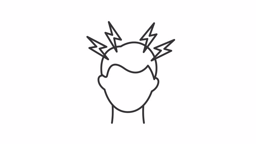 Headache line animation. Migraine animated icon. Shaking head. Lightnings showing up. Pain, stress. Black illustration on white background. HD video with alpha channel. Motion graphic