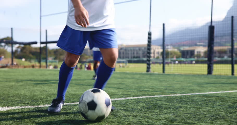 Soccer, fitness and foul with people training for score, champions league and mvp athlete. Sports, teamwork and football competition with men in stadium for game, field challenge and playground arena