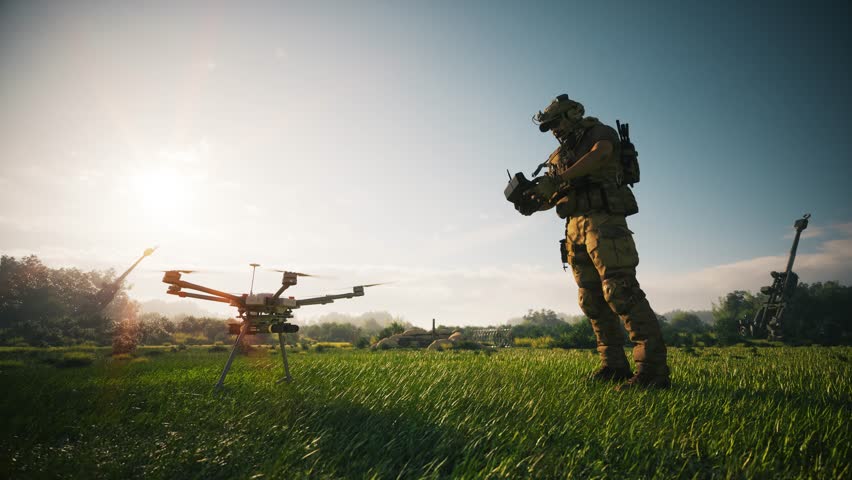 A soldier operates a drone in a field. Combat use of drones. The concept of using modern technologies in the army. Military uses a drone. Civilian drone with bombs