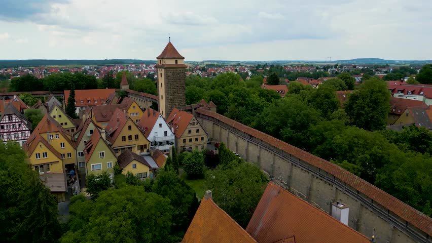 4K Aerial Drone Video of the Gallows Gate Tower on the Walled City of Rothenburg ob der Tauber, Germany
