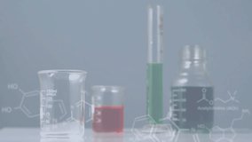 Animation of elements and data processing over chemical pouring into beaker at laboratory. Science, chemistry, research, data, digital interface and communication, digitally generated video. - Powered by Shutterstock - Get 15% off with code: PIKWIZARD15