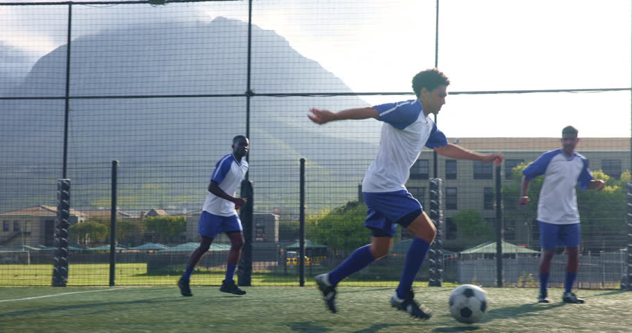 Soccer, score and celebration with people on field for winner, champions league and mvp athlete. Sports, goals and football with men in stadium for game success, training challenge and teamwork