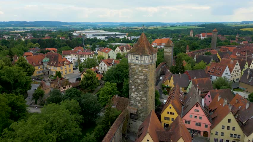 4K Aerial Drone Video of the Röderturm Tower on the Walled City of Rothenburg ob der Tauber, Germany
