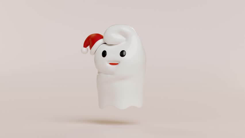 3d cute monster, white cute ghost with santa claus hat isolated on cream background. 3d render illustration, alpha channel