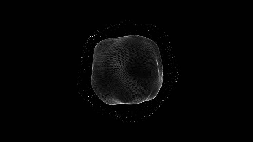 Abstract looped liquid sphere on isolated black background. Geometric bubble. Sphere morphing. Micro particles. Random round shape movements. Pulsating bacteria. Noisy flowing sphere particles. 3d orb